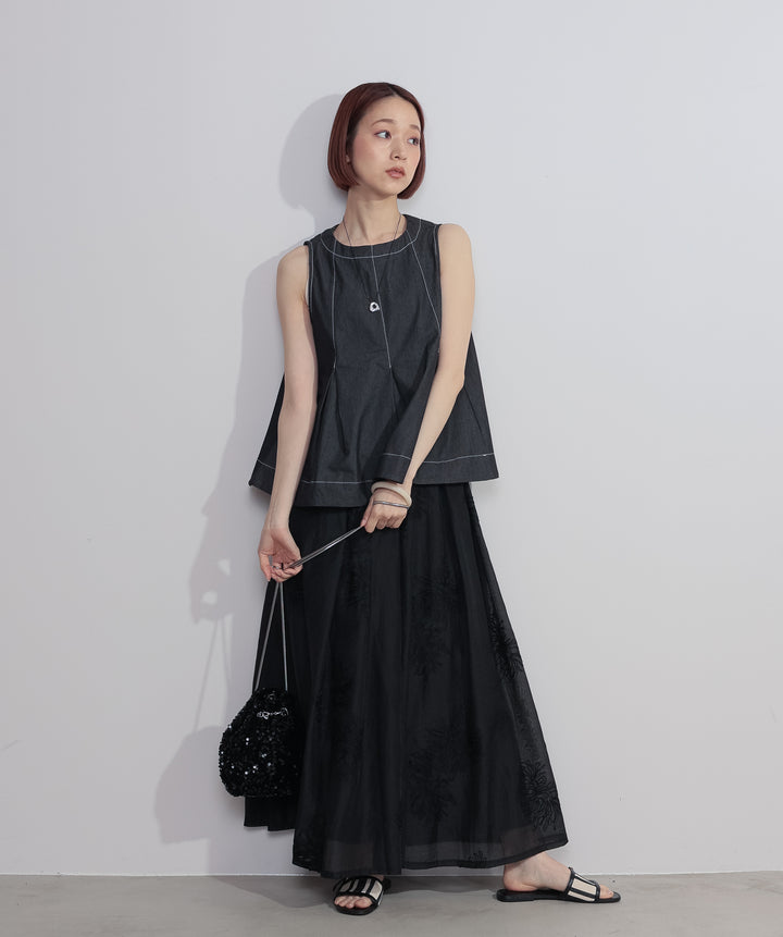 【SET】フロントタックフレアノースリーブトップス+フラワー刺繍シアースカート(2set)