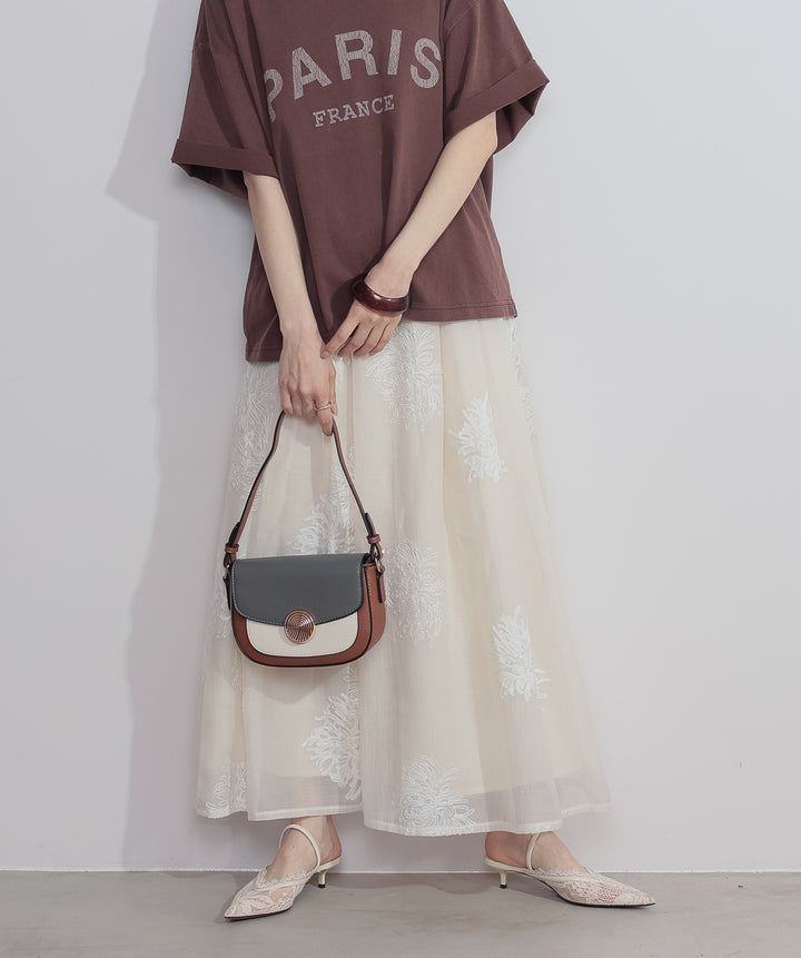 【SET】ピグメントロゴプリントTシャツ+フラワー刺繍シアースカート(2set)