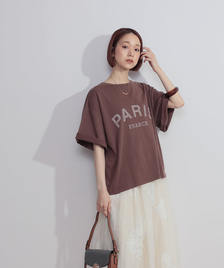 【SET】ピグメントロゴプリントTシャツ+フラワー刺繍シアースカート(2set)