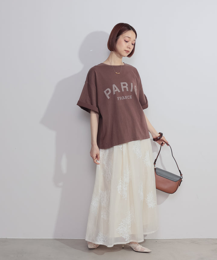 【SET】ピグメントロゴプリントTシャツ+フラワー刺繍シアースカート(2set)