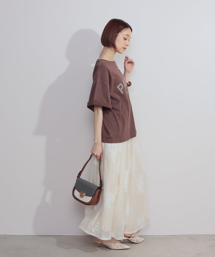 【SET】ピグメントロゴプリントTシャツ+フラワー刺繍シアースカート(2set)