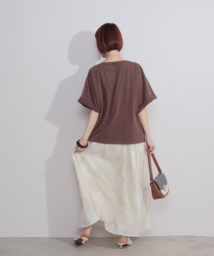 【SET】ピグメントロゴプリントTシャツ+フラワー刺繍シアースカート(2set)