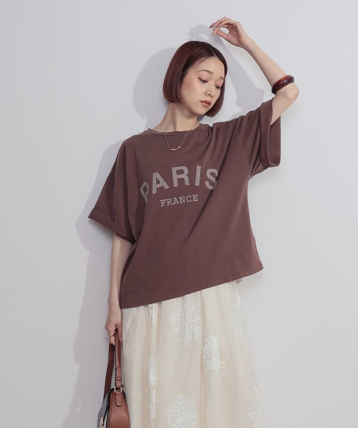 【SET】ピグメントロゴプリントTシャツ+フラワー刺繍シアースカート(2set)