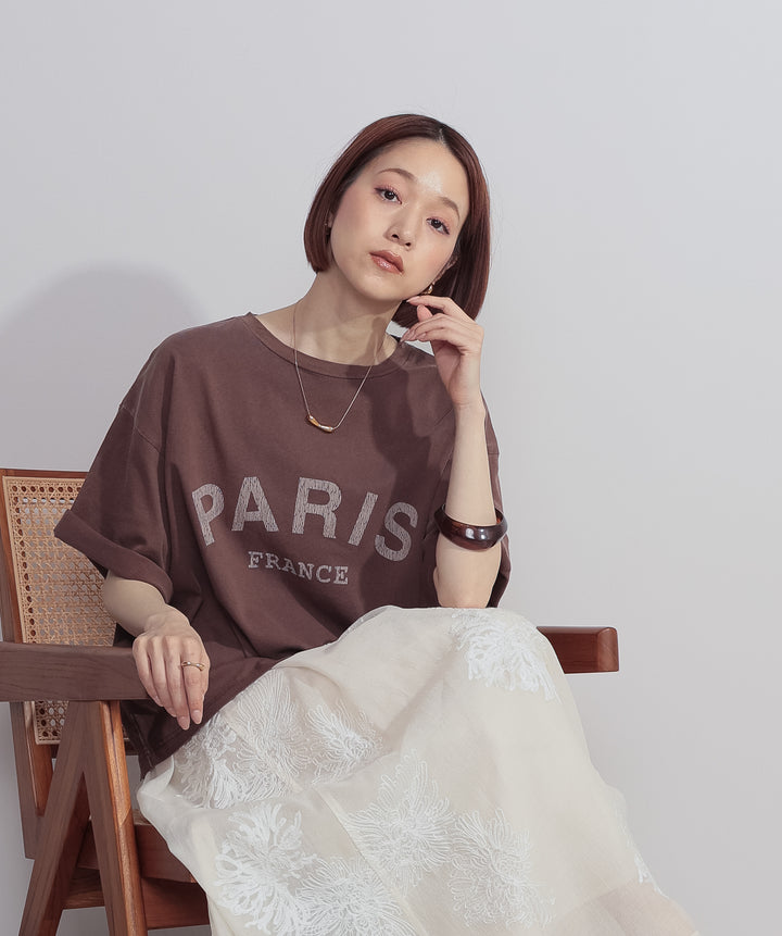 【SET】ピグメントロゴプリントTシャツ+フラワー刺繍シアースカート(2set)