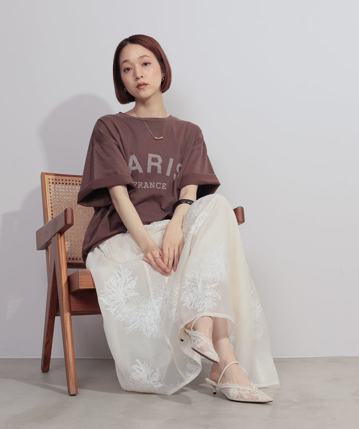 【SET】ピグメントロゴプリントTシャツ+フラワー刺繍シアースカート(2set)