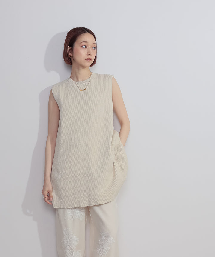 【SET】リブニットバックスリットタンク+フラワー刺繍シアーパンツ(2set)