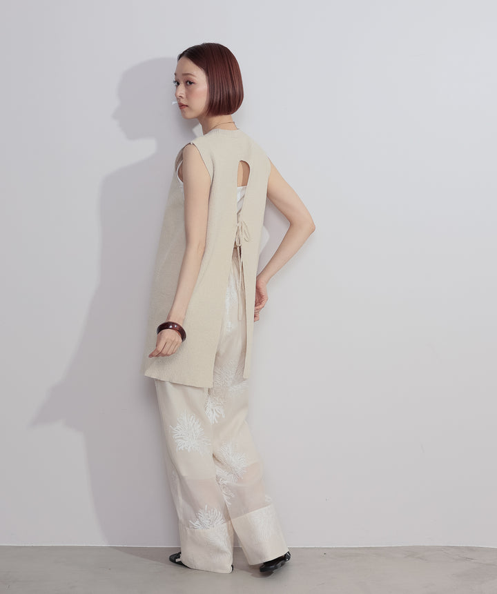 【SET】リブニットバックスリットタンク+フラワー刺繍シアーパンツ(2set)