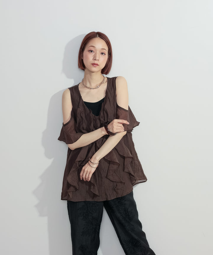 【SET】ラッフルオープンショルダーブラウス+フラワー刺繍シアーパンツ(2set)