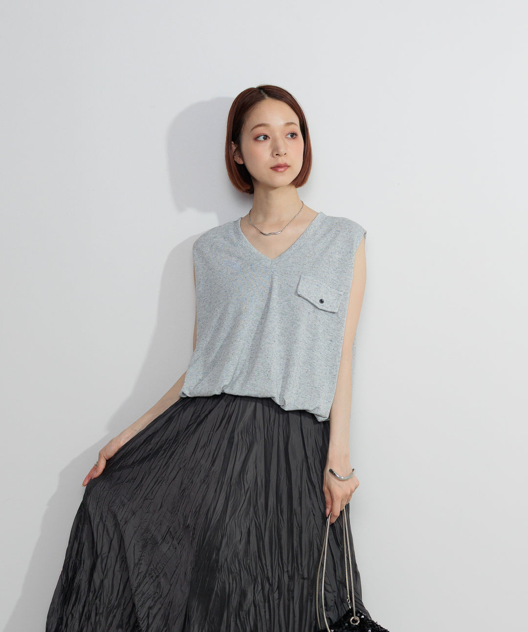 【SET】サマーニットバルーンポケットトップス+ワッシャープリーツロングスカート(2set)