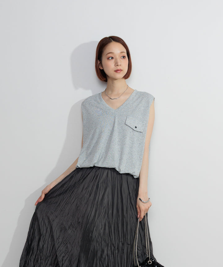 【SET】サマーニットバルーンポケットトップス+ワッシャープリーツロングスカート(2set)