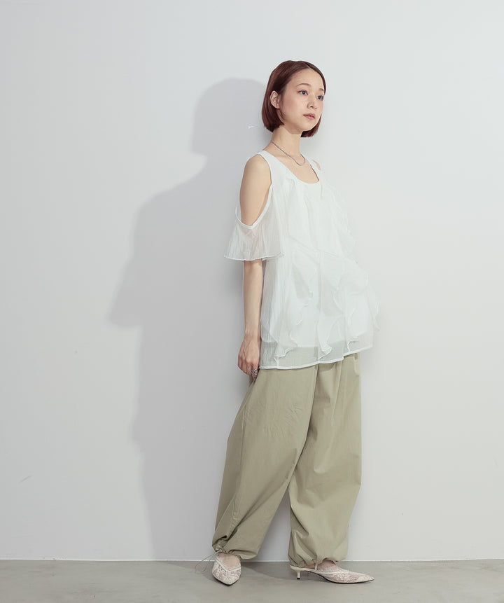 【SET】ラッフルオープンショルダーブラウス+タックデザインドロストパンツ(2set)