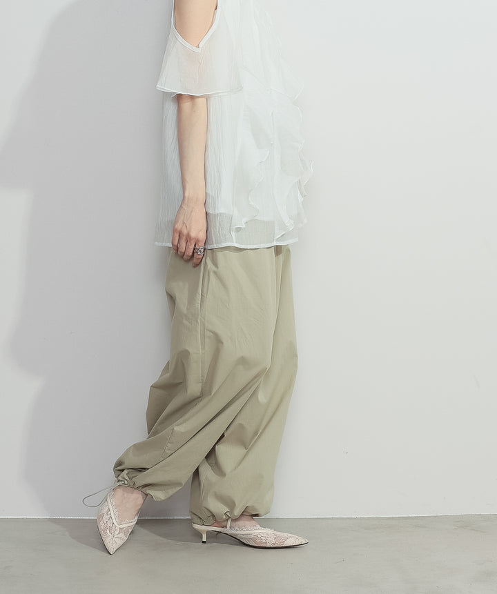 【SET】ラッフルオープンショルダーブラウス+タックデザインドロストパンツ(2set)