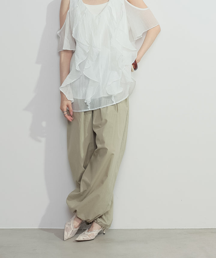 【SET】ラッフルオープンショルダーブラウス+タックデザインドロストパンツ(2set)