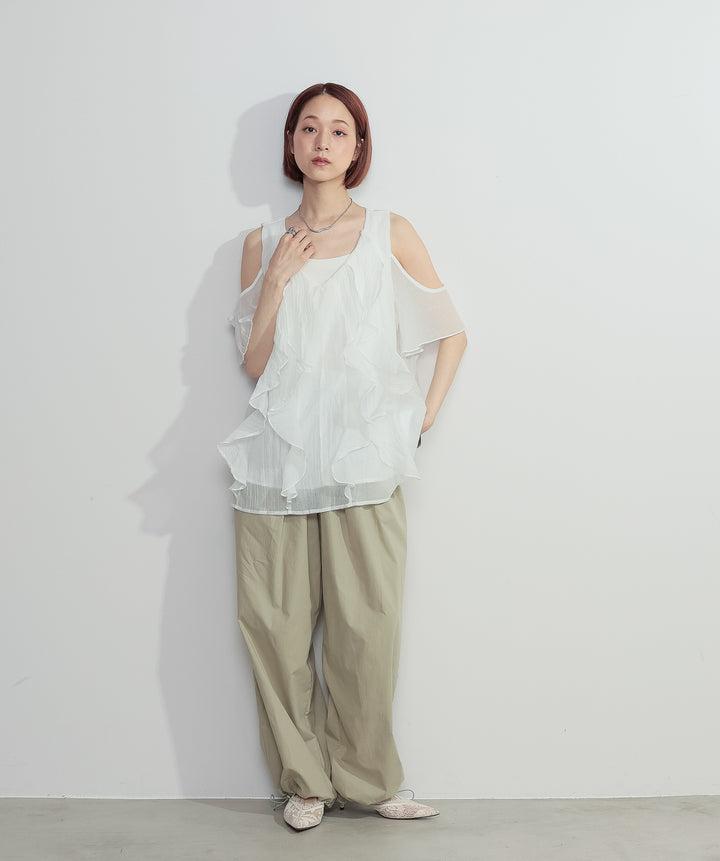 【SET】ラッフルオープンショルダーブラウス+タックデザインドロストパンツ(2set)