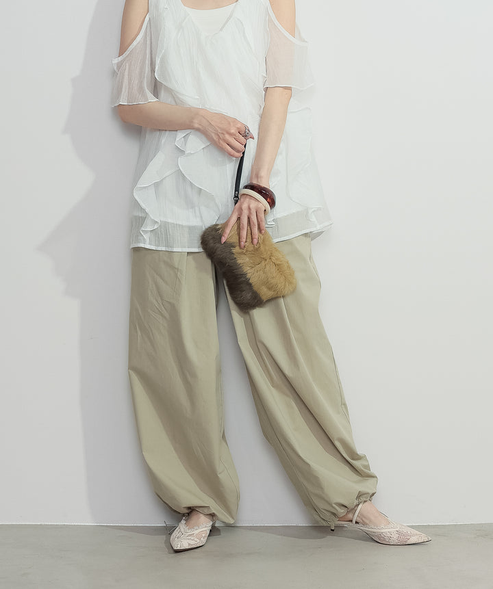 【SET】ラッフルオープンショルダーブラウス+タックデザインドロストパンツ(2set)