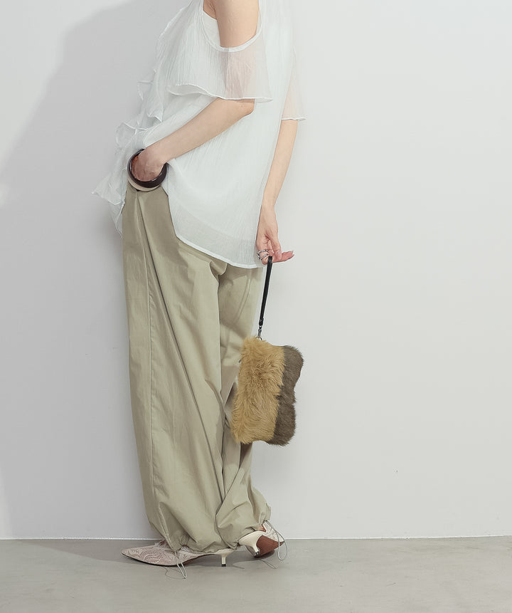【SET】ラッフルオープンショルダーブラウス+タックデザインドロストパンツ(2set)
