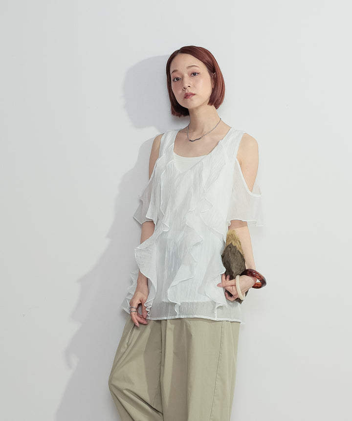 【SET】ラッフルオープンショルダーブラウス+タックデザインドロストパンツ(2set)