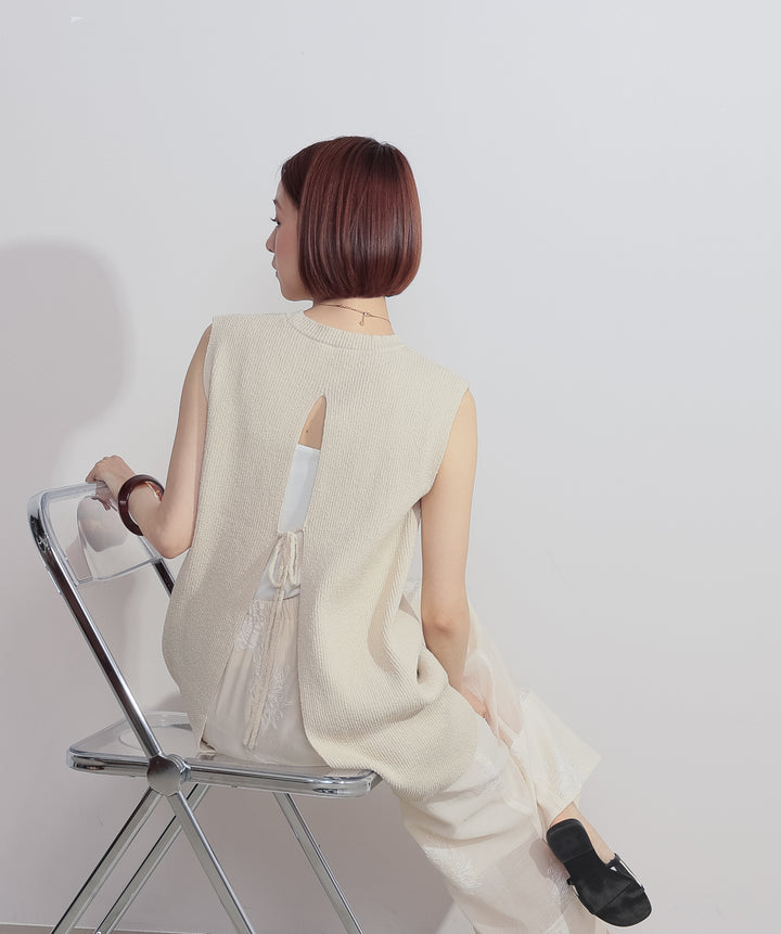 【SET】リブニットバックスリットタンク+フラワー刺繍シアーパンツ(2set)