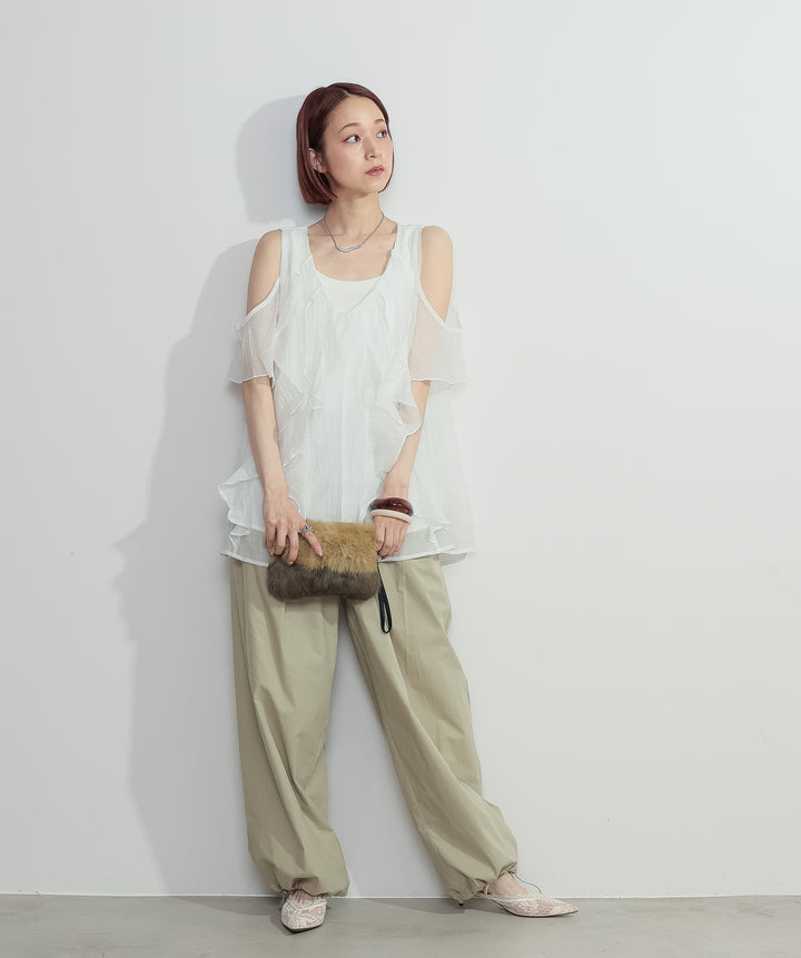 【SET】ラッフルオープンショルダーブラウス+タックデザインドロストパンツ(2set)