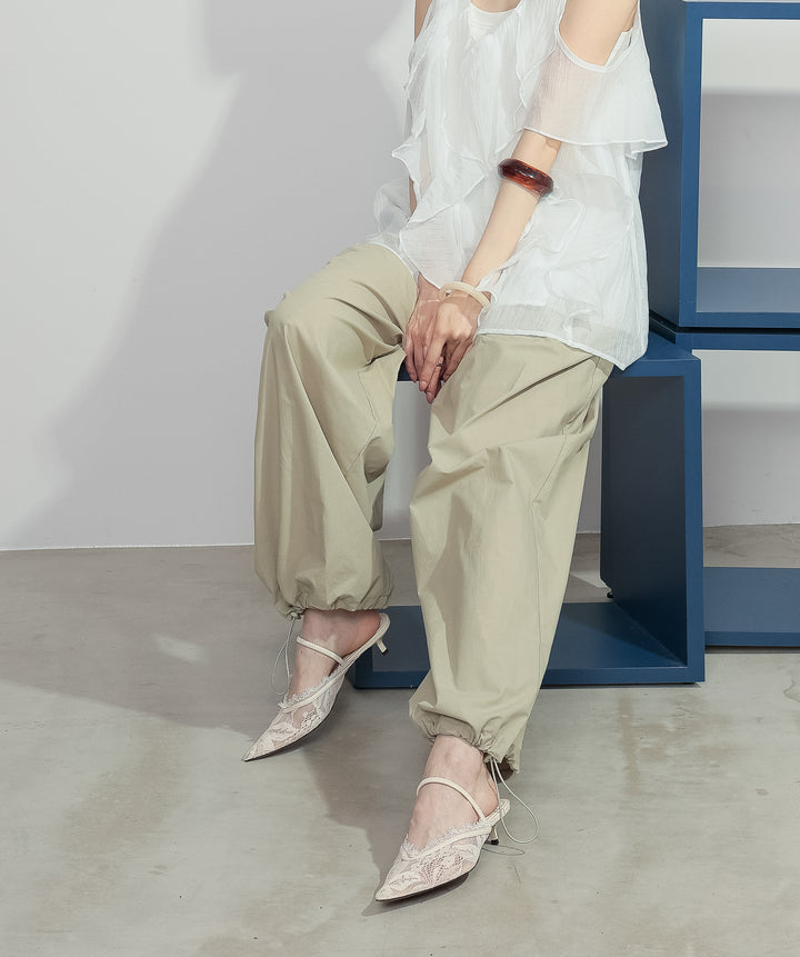 【SET】ラッフルオープンショルダーブラウス+タックデザインドロストパンツ(2set)