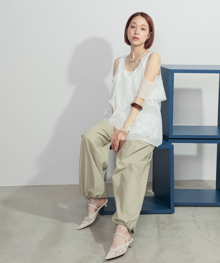【SET】ラッフルオープンショルダーブラウス+タックデザインドロストパンツ(2set)