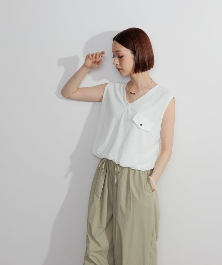 【SET】サマーニットバルーンポケットトップス+タックデザインドロストパンツ(2set)
