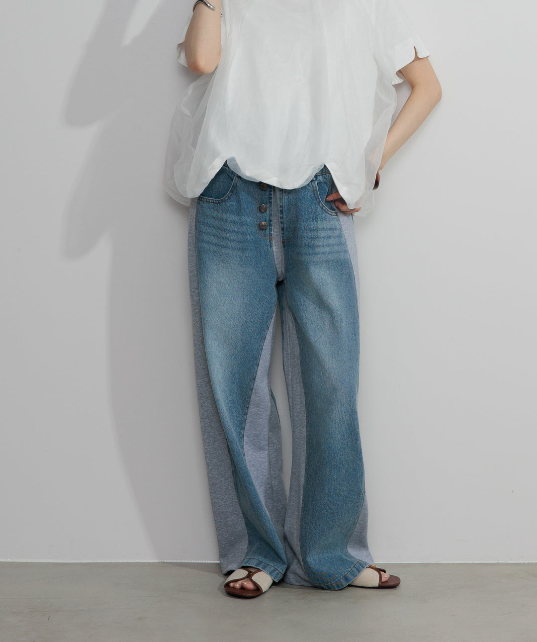 【SET】スカラップヘムレースドッキングTシャツ+サイドスウェットドッキングデニム(2set)