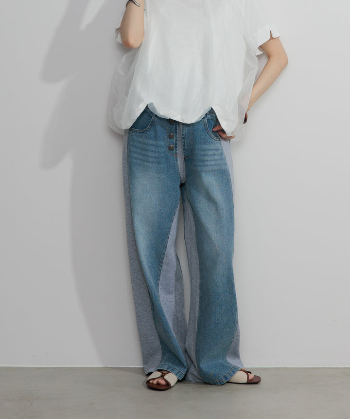 【SET】スカラップヘムレースドッキングTシャツ+サイドスウェットドッキングデニム(2set)