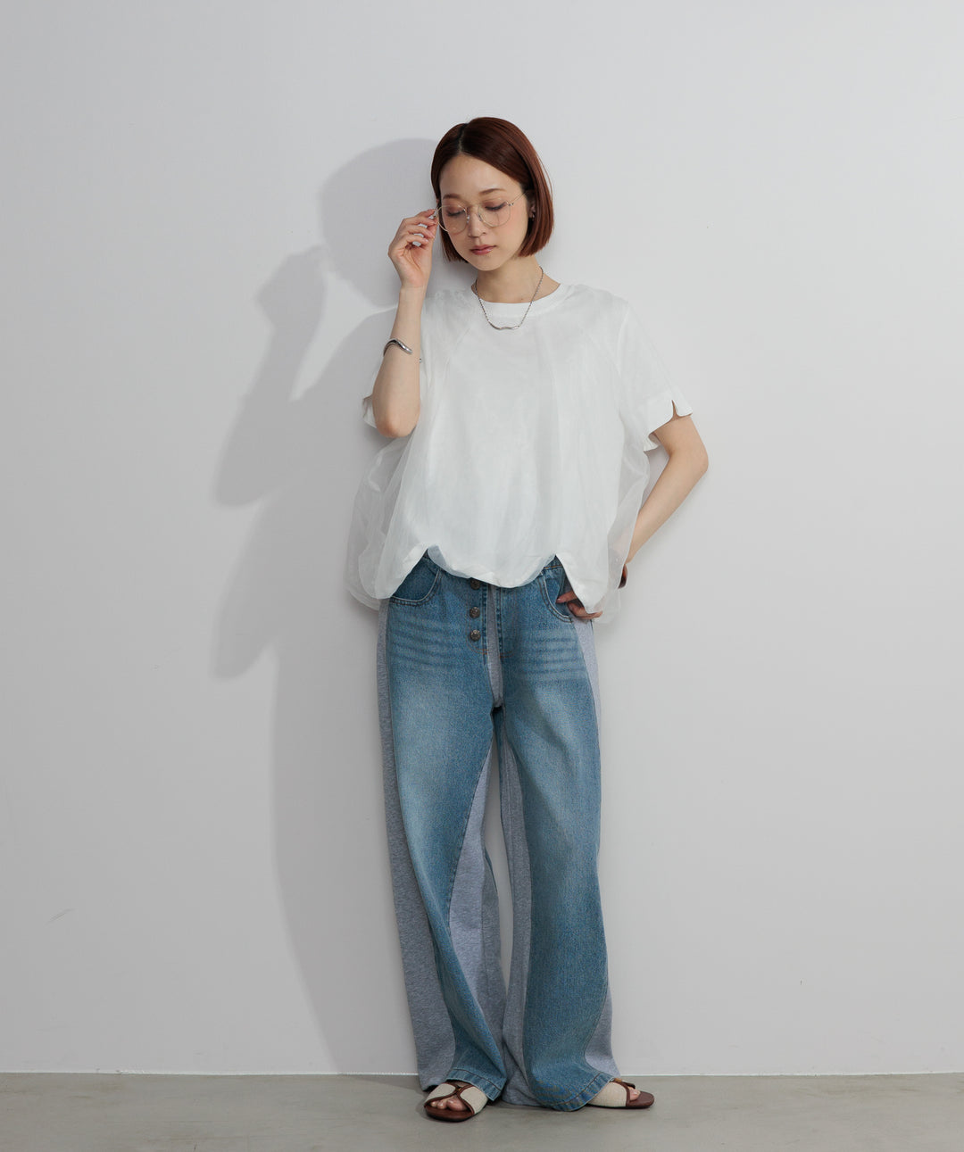 【SET】スカラップヘムレースドッキングTシャツ+サイドスウェットドッキングデニム(2set)