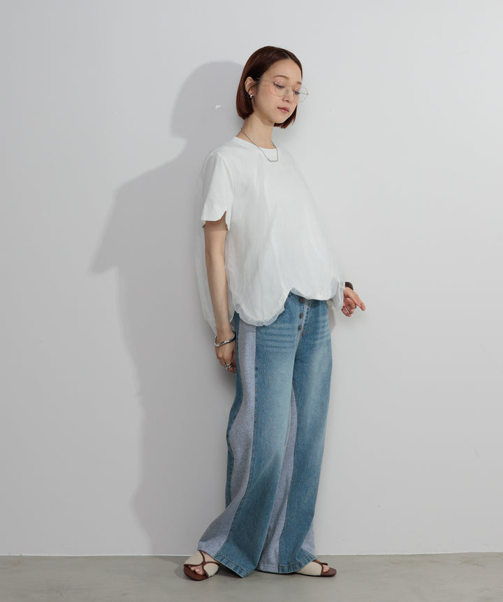 【SET】スカラップヘムレースドッキングTシャツ+サイドスウェットドッキングデニム(2set)