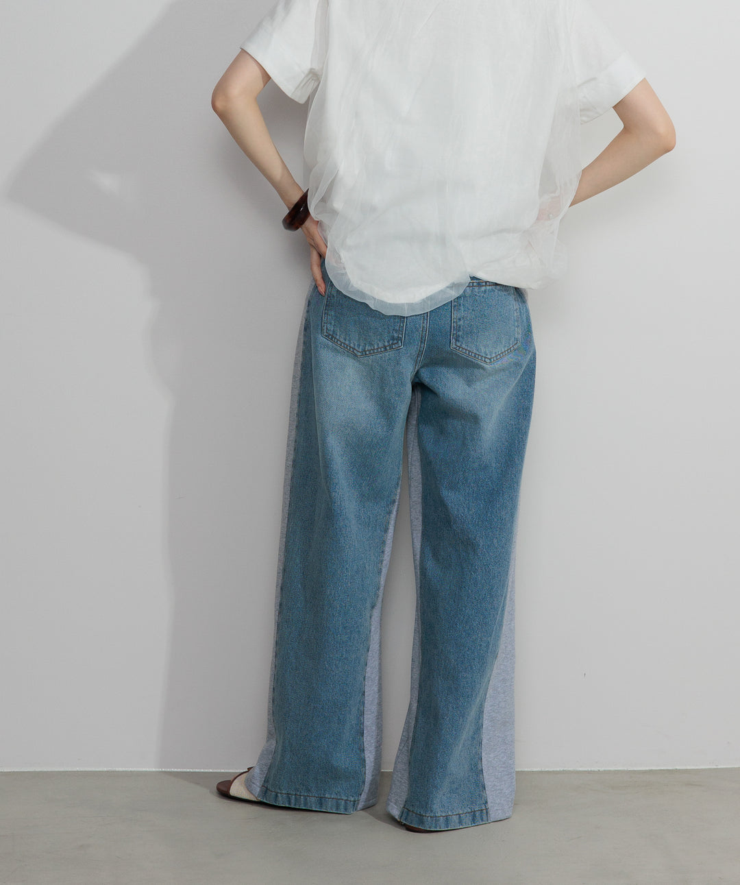 【SET】スカラップヘムレースドッキングTシャツ+サイドスウェットドッキングデニム(2set)