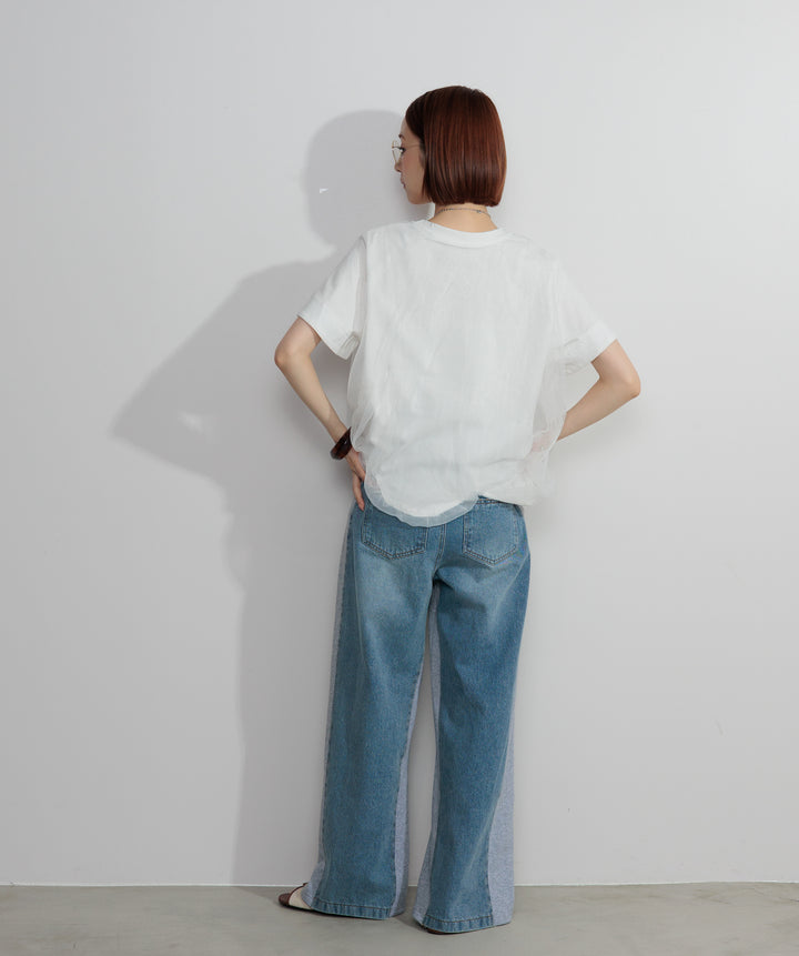 【SET】スカラップヘムレースドッキングTシャツ+サイドスウェットドッキングデニム(2set)