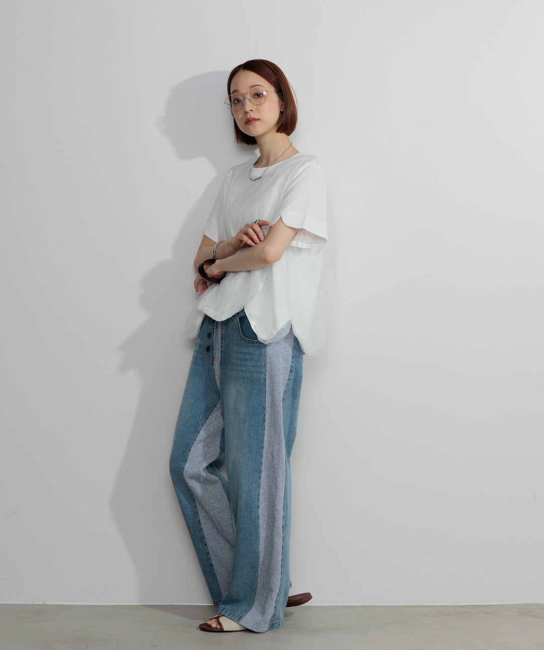 【SET】スカラップヘムレースドッキングTシャツ+サイドスウェットドッキングデニム(2set)