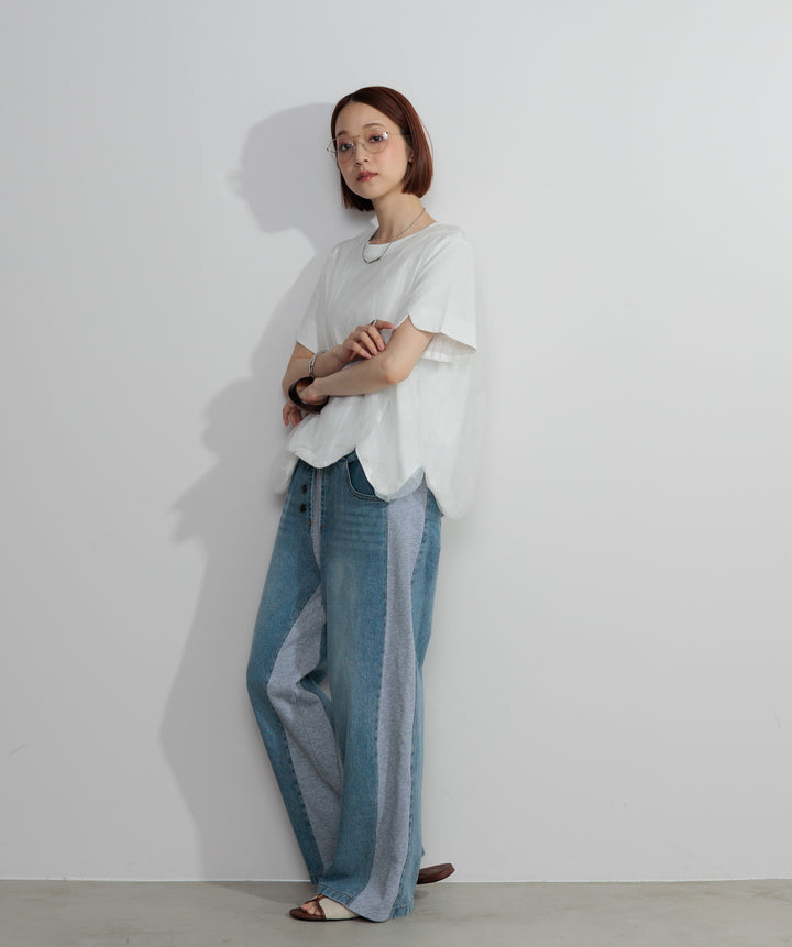 【SET】スカラップヘムレースドッキングTシャツ+サイドスウェットドッキングデニム(2set)