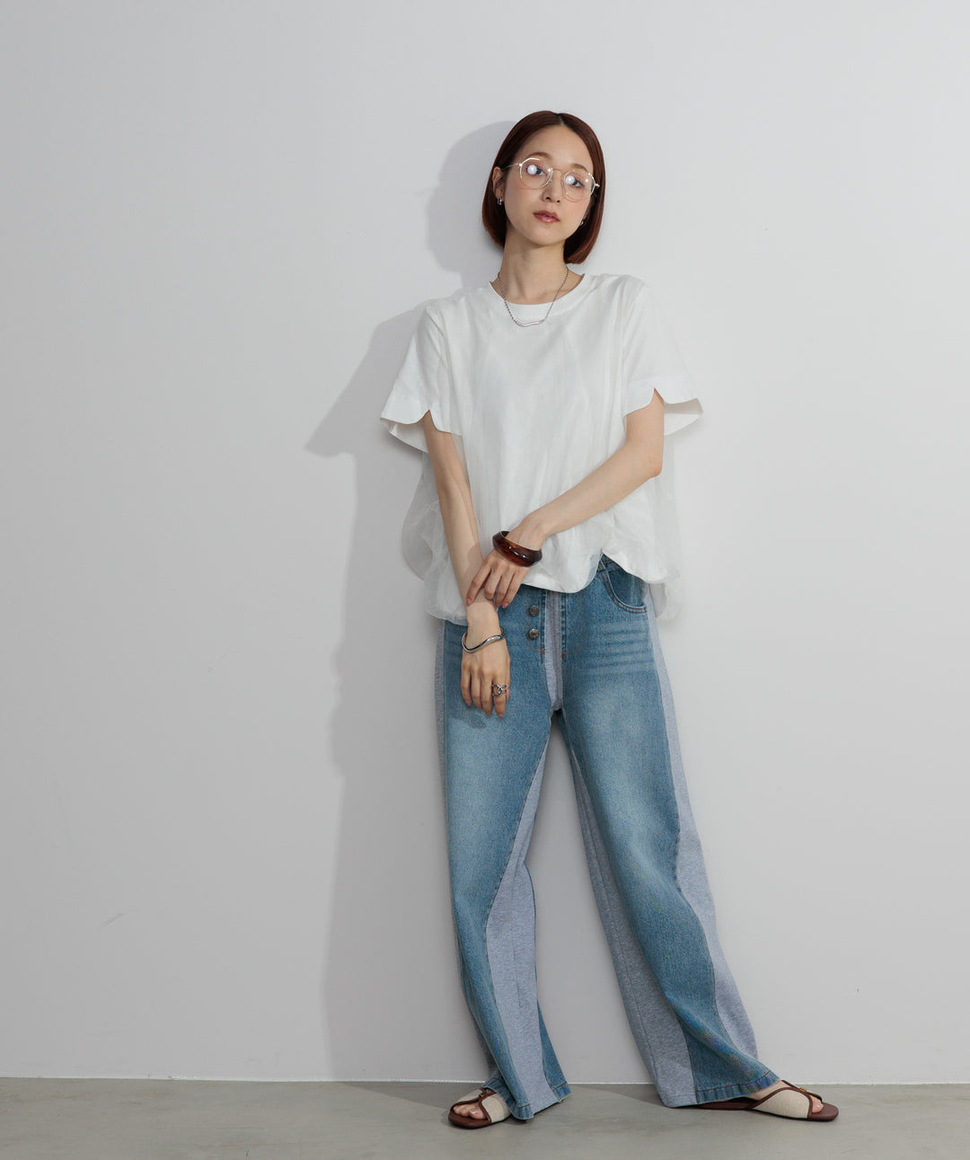 【SET】スカラップヘムレースドッキングTシャツ+サイドスウェットドッキングデニム(2set)