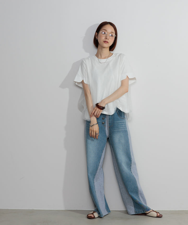 【SET】スカラップヘムレースドッキングTシャツ+サイドスウェットドッキングデニム(2set)