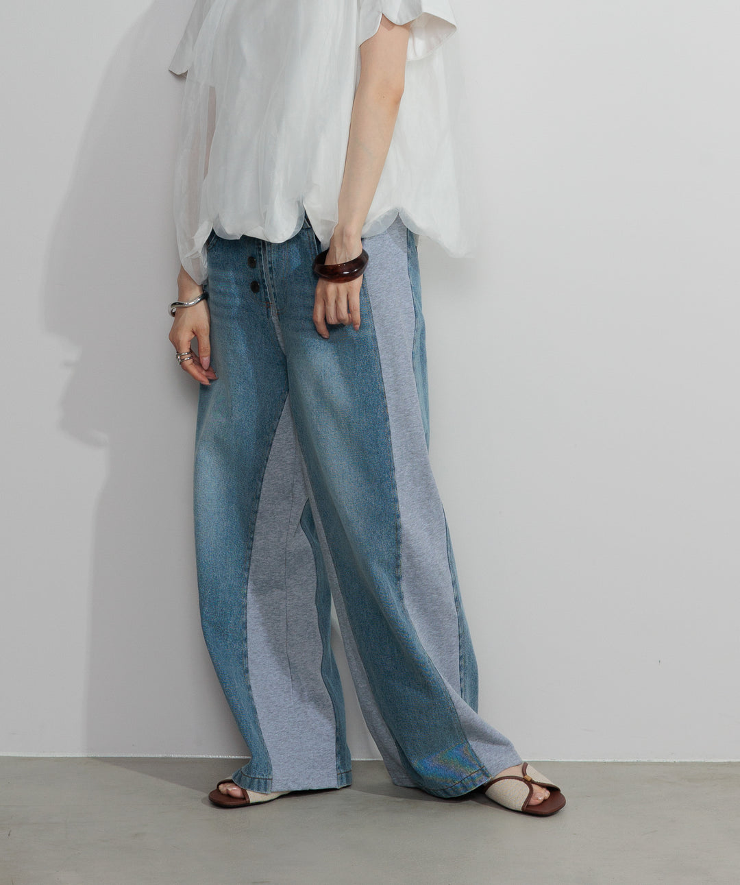 【SET】スカラップヘムレースドッキングTシャツ+サイドスウェットドッキングデニム(2set)