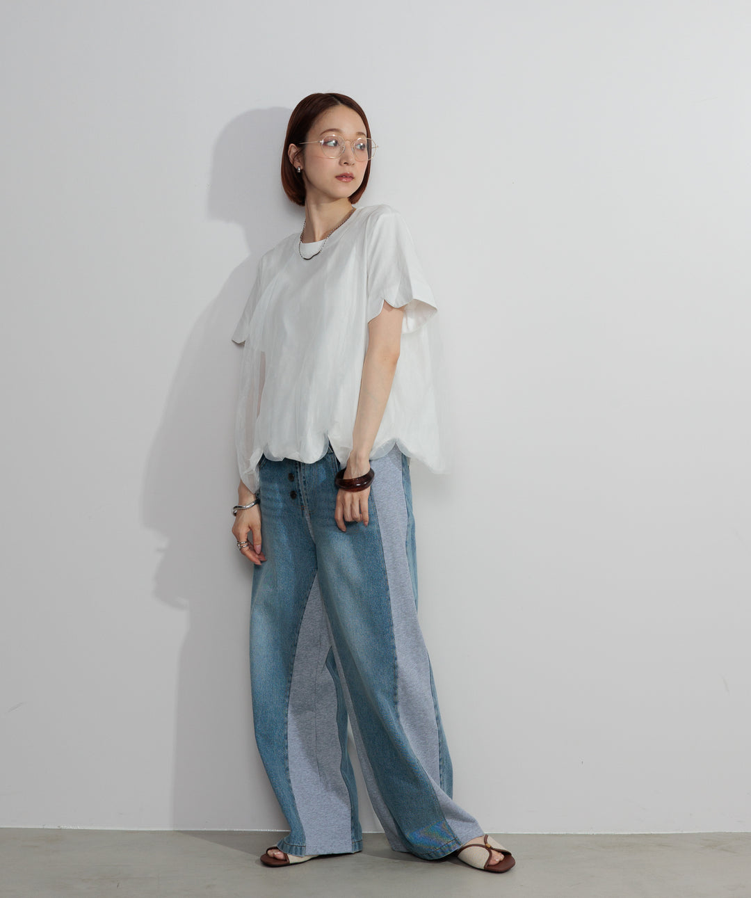 【SET】スカラップヘムレースドッキングTシャツ+サイドスウェットドッキングデニム(2set)