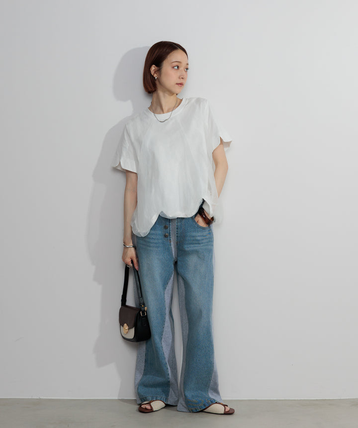 【SET】スカラップヘムレースドッキングTシャツ+サイドスウェットドッキングデニム(2set)