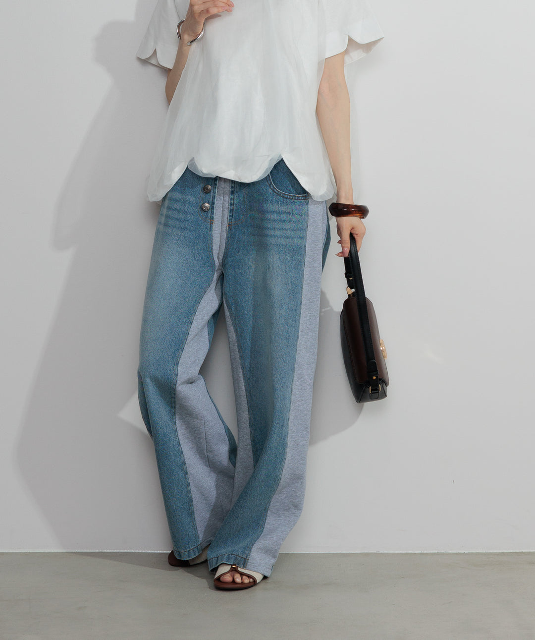 【SET】スカラップヘムレースドッキングTシャツ+サイドスウェットドッキングデニム(2set)