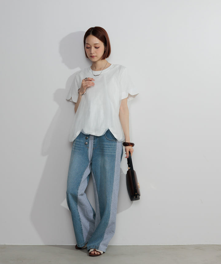 【SET】スカラップヘムレースドッキングTシャツ+サイドスウェットドッキングデニム(2set)