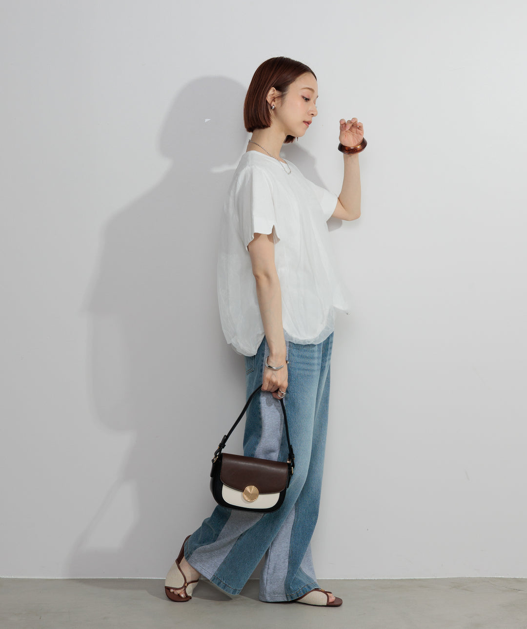 【SET】スカラップヘムレースドッキングTシャツ+サイドスウェットドッキングデニム(2set)