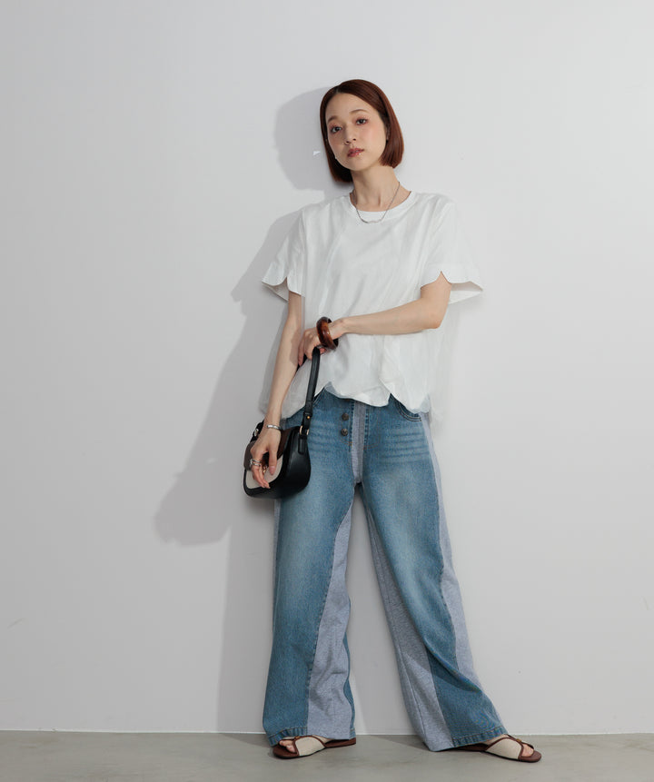 【SET】スカラップヘムレースドッキングTシャツ+サイドスウェットドッキングデニム(2set)