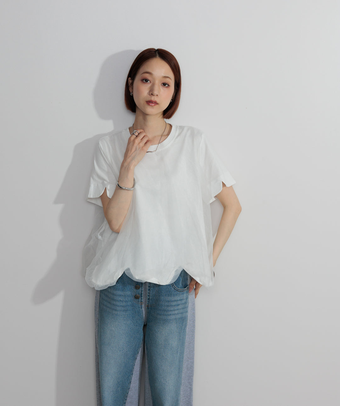 【SET】スカラップヘムレースドッキングTシャツ+サイドスウェットドッキングデニム(2set)