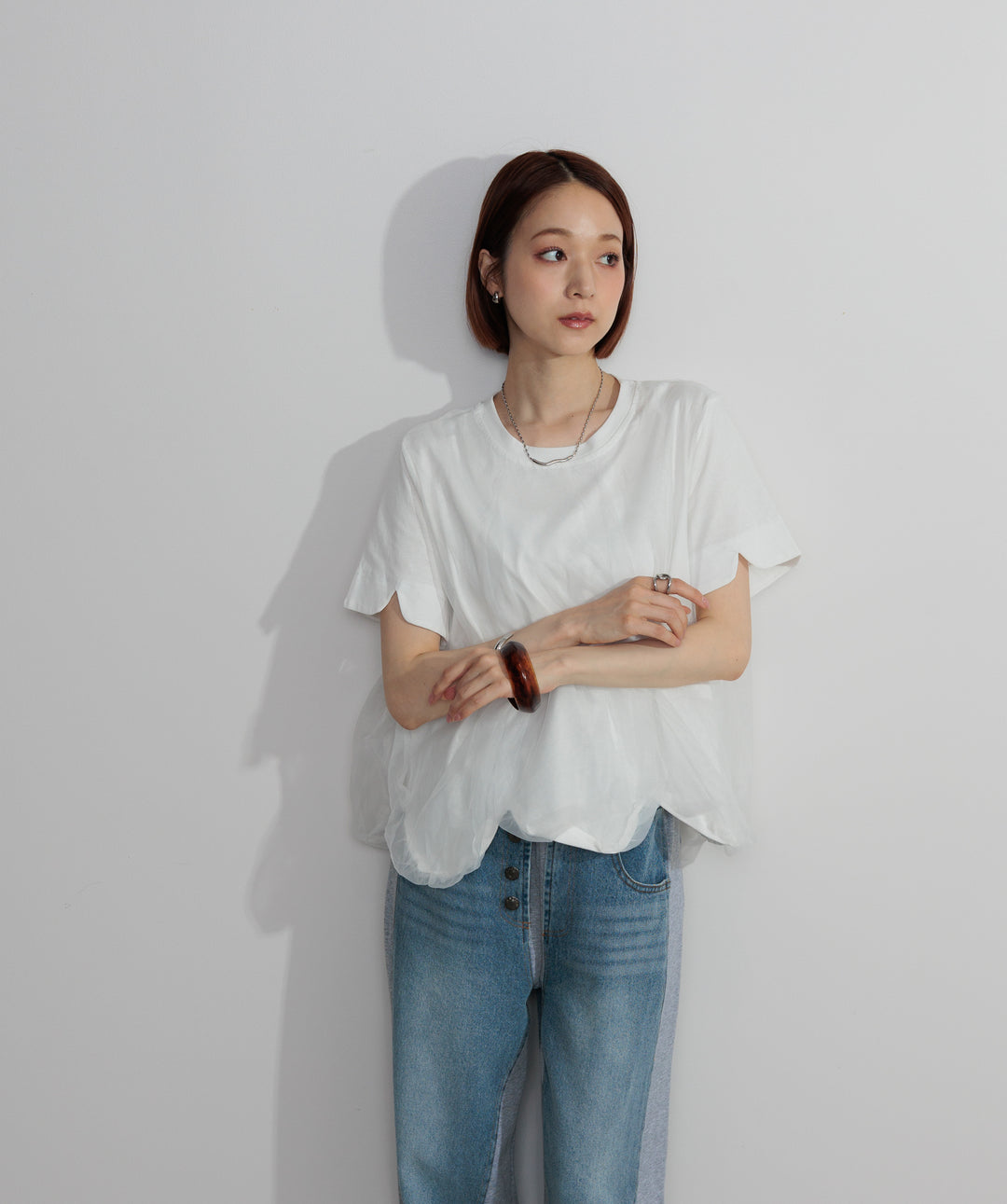 【SET】スカラップヘムレースドッキングTシャツ+サイドスウェットドッキングデニム(2set)