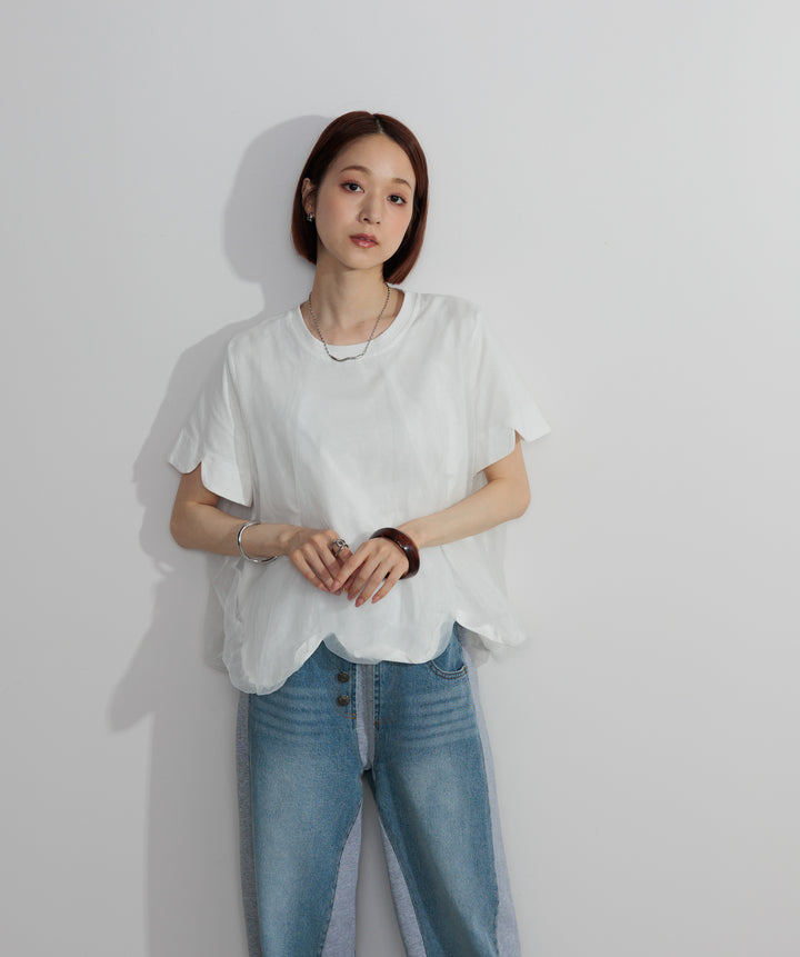 【SET】スカラップヘムレースドッキングTシャツ+サイドスウェットドッキングデニム(2set)