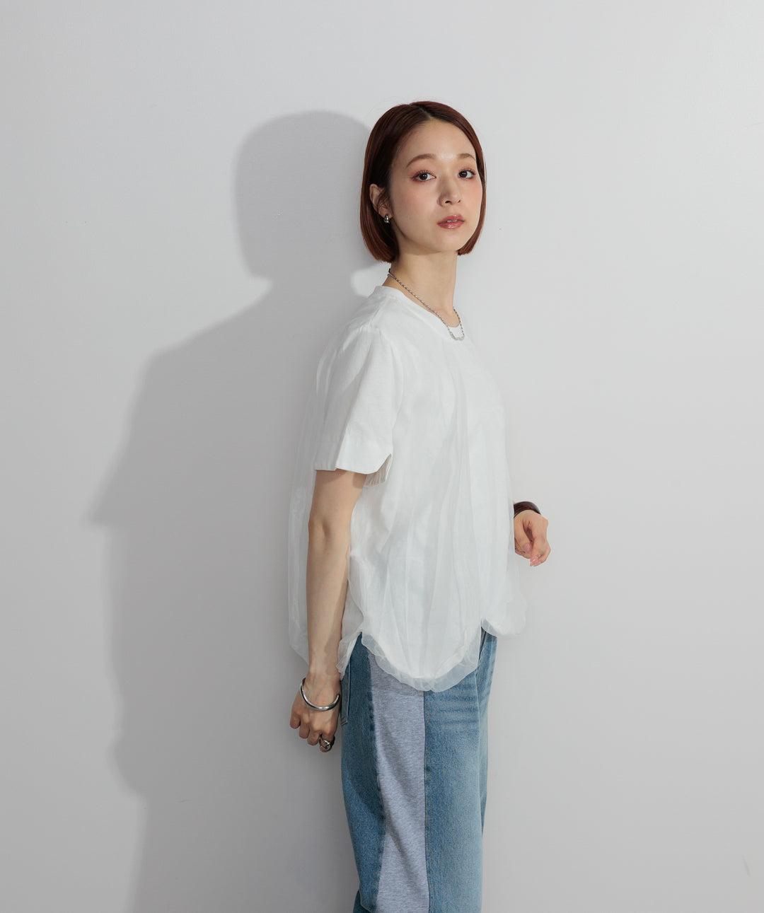 【SET】スカラップヘムレースドッキングTシャツ+サイドスウェットドッキングデニム(2set)