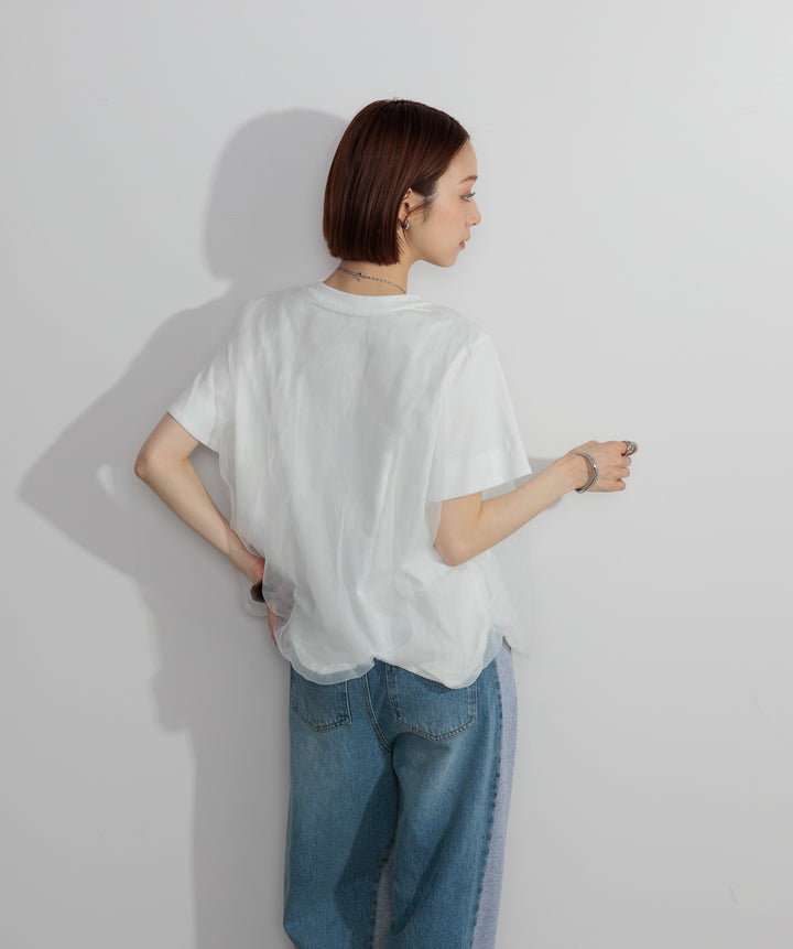 【SET】スカラップヘムレースドッキングTシャツ+サイドスウェットドッキングデニム(2set)