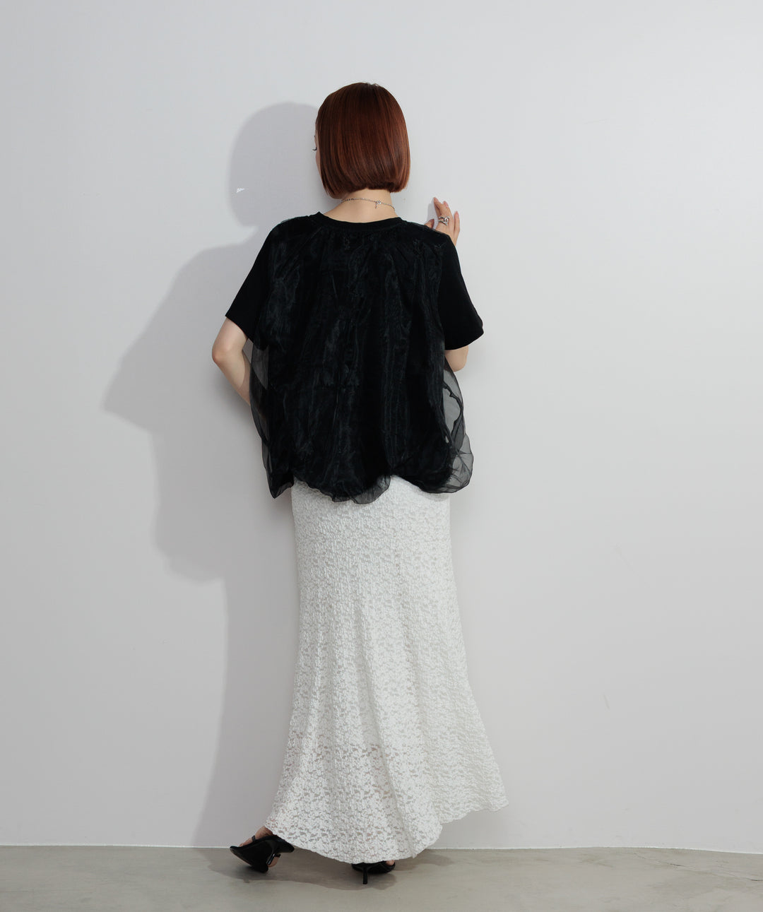 【SET】スカラップヘムレースドッキングTシャツ+ブークレメロウフレアスカート(2set)