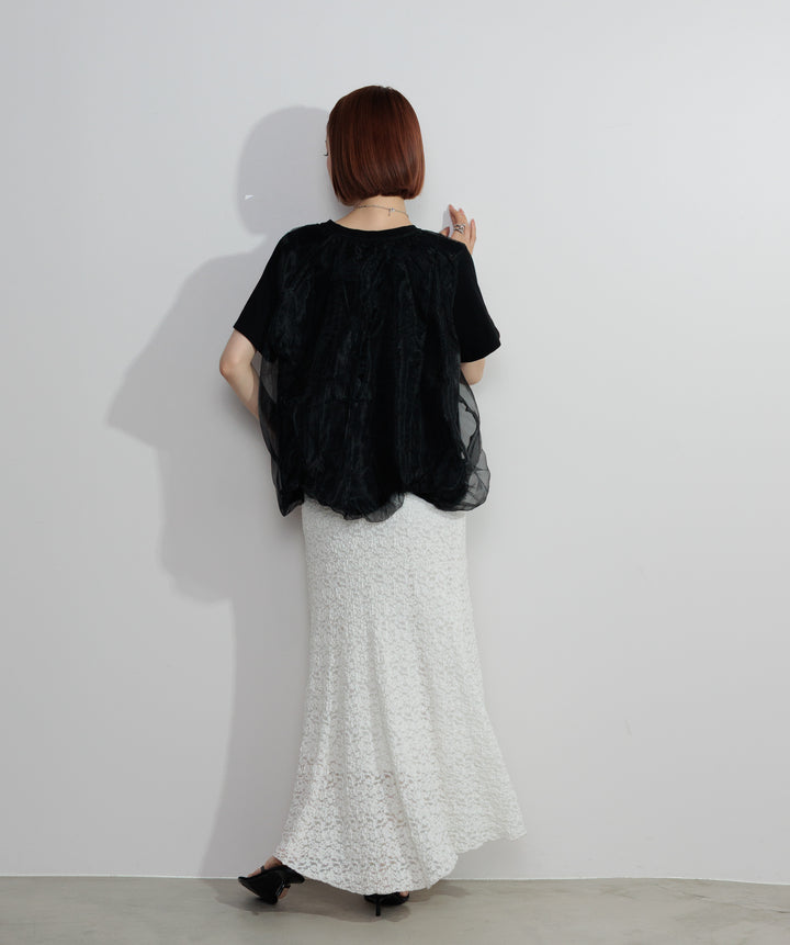 【SET】スカラップヘムレースドッキングTシャツ+ブークレメロウフレアスカート(2set)